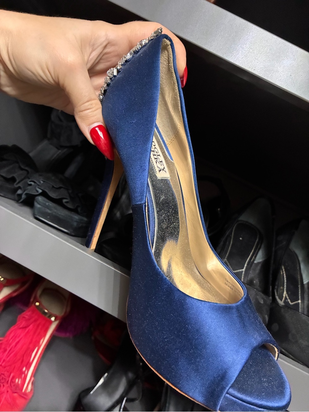 Badgley Mischka Navy Velvet Crystal-Embellished Stilettos - Picture 3 of 4
